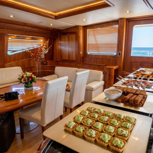 Sal&oacute;n del yate con tartaletas de aguacate, camarones empanizados y brochetas dispuestas para el catering, con el mar al fondo.