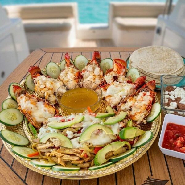 Plat&oacute;n de mariscos con colas de langosta asadas y fajitas de pollo con aguacate, pepino y tortillas en la cubierta del yate.