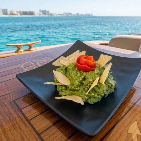 Plato de guacamole fresco coronado con una rosa de jitomate y totopos en una cubierta de teca con vista a Canc&uacute;n.