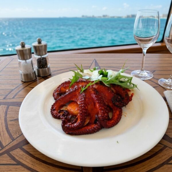 Plato de pulpo a la parrilla con arug&uacute;la fresca servido en una mesa del yate con copas de vino y el mar detr&aacute;s.